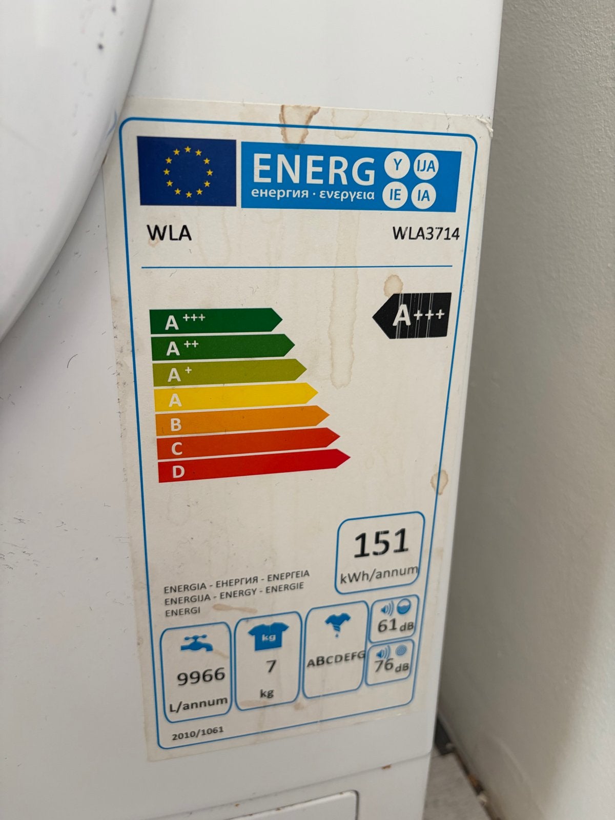 Werkende Wasmachine WLA 3714 - Energiezuinig A+++, Witgoed en Apparatuur, Wasmachines, Ophalen, 6 tot 8 kg, 85 tot 90 cm, Minder dan 1200 toeren