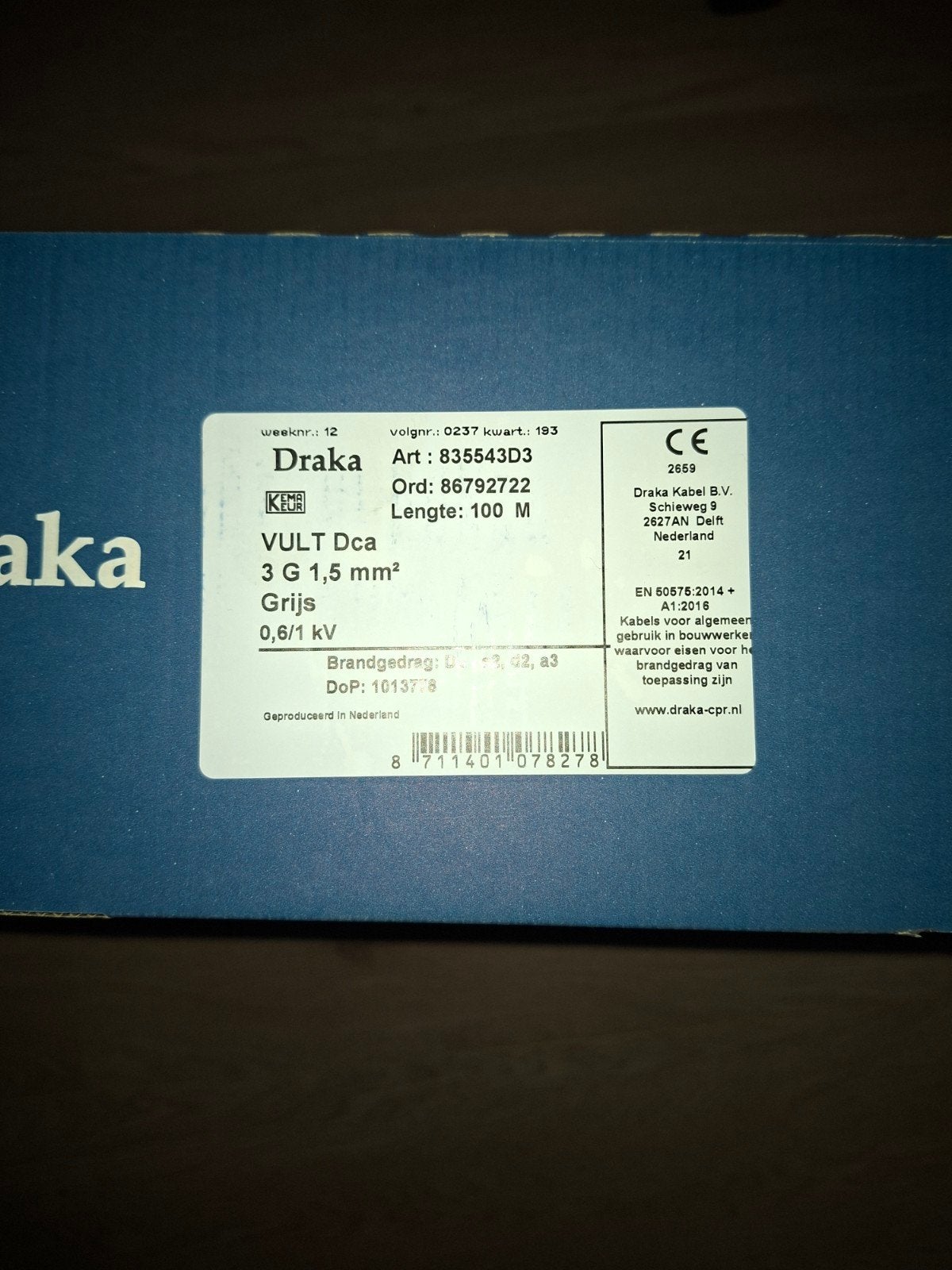 Draka VULT Dca 3G 1.5mm² Kabel - 100m Grijs, Ophalen of Verzenden