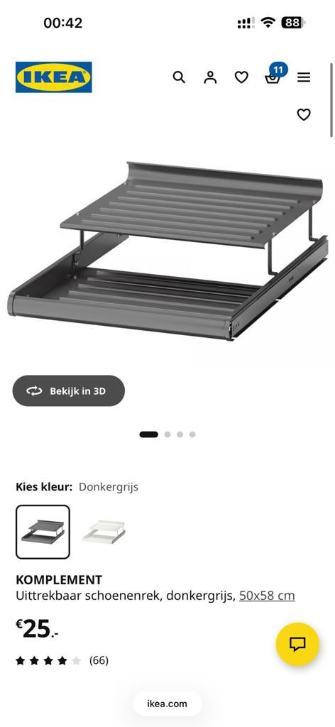 IKEA KOMPLEMENT Uittrekbaar schoenenrek, donkergrijs, 50x58, Ophalen, Zo goed als nieuw