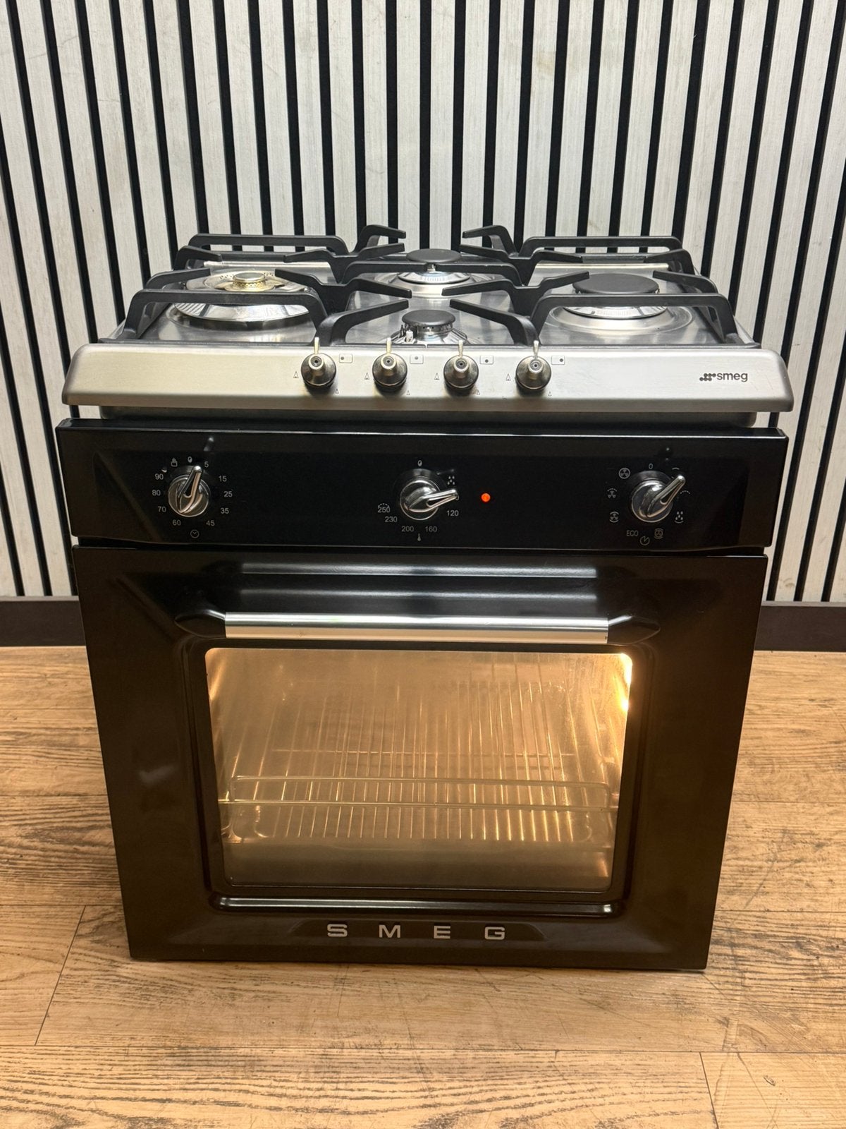 Luxe Smeg inbouwoven zwart hoogglans Incl. Kookplaat 60 cm, Hete lucht, Fornello Esperta, Ophalen of Verzenden, Zo goed als nieuw