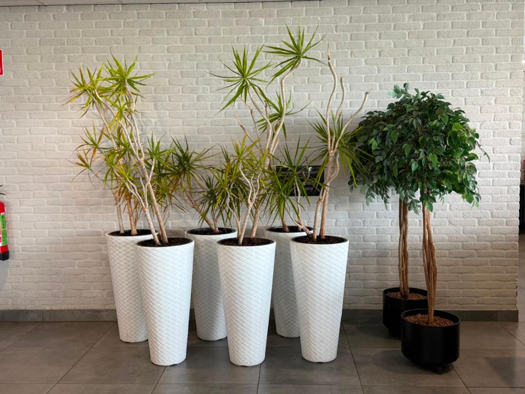 Witte kunststof bloempotten met kunstboompjes, Tuin en Terras, 25 tot 40 cm, Kunststof, Gebruikt, Rond