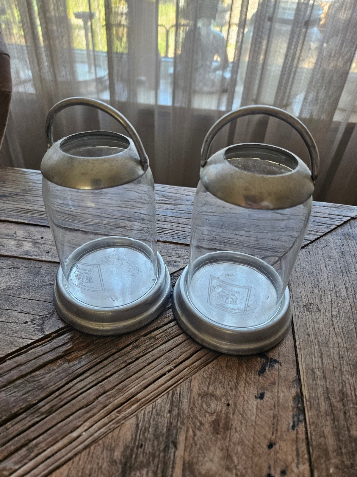 riviera maison set van 2 glazen lantaarns met metalen handva, Antiek en Kunst, Antiek | Tin, Ophalen of Verzenden