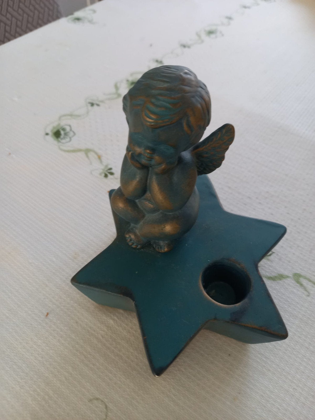 Kandelaar met engel op ster, Huis en Inrichting, Woonaccessoires | Kandelaars en Kaarsen, Blauw, Ophalen of Verzenden, Zo goed als nieuw
