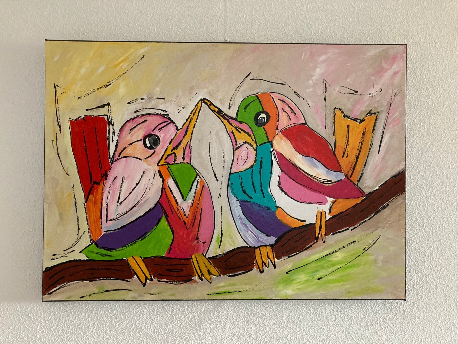 Kleurrijk schilderij van twee vogels op een tak, Acrylverf, Handgeschilderd, Ophalen of Verzenden, Dieren
