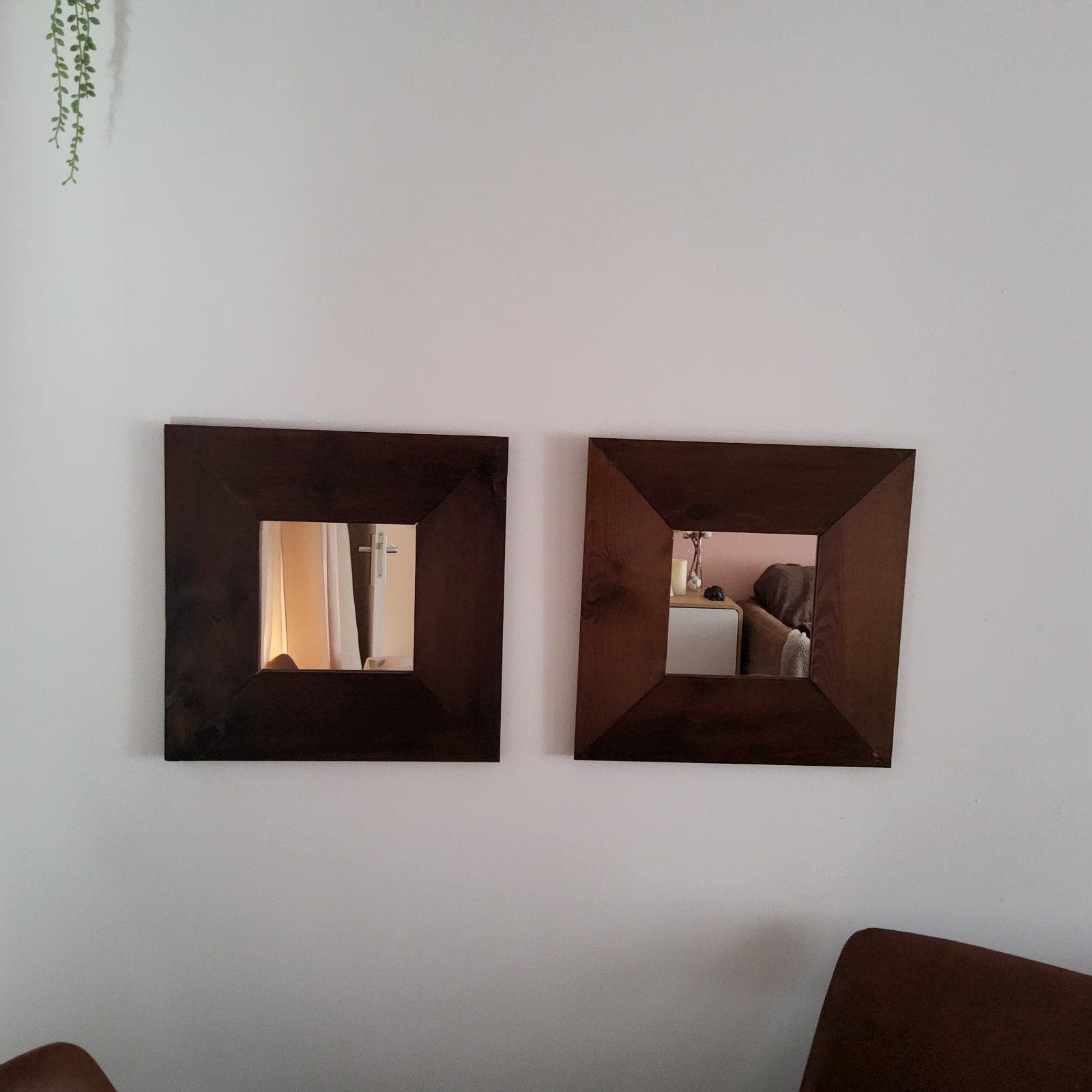 Vintage houten wandspiegels set, Ophalen, Minder dan 50 cm, Vierkant, Zo goed als nieuw