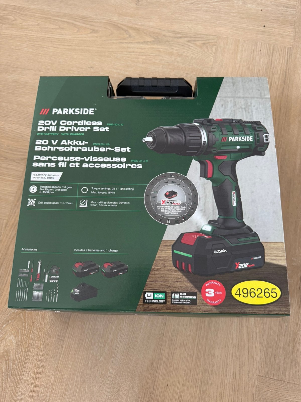 Sealed parkside 20v accuboormachine +lader+2accus + boorset, Ophalen of Verzenden, Nieuw, Boor- en Schroefmachine