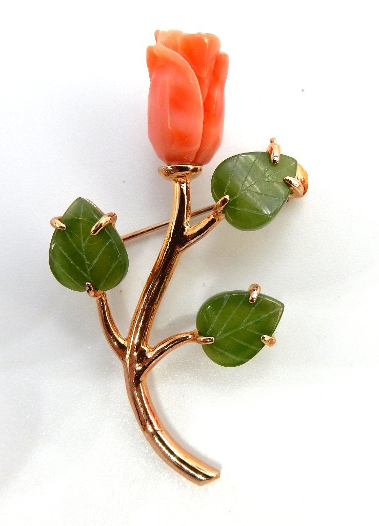 Vintage broche verguld met koraal en jade, Overige materialen, 4 tot 7 cm, Nieuw, Ophalen of Verzenden