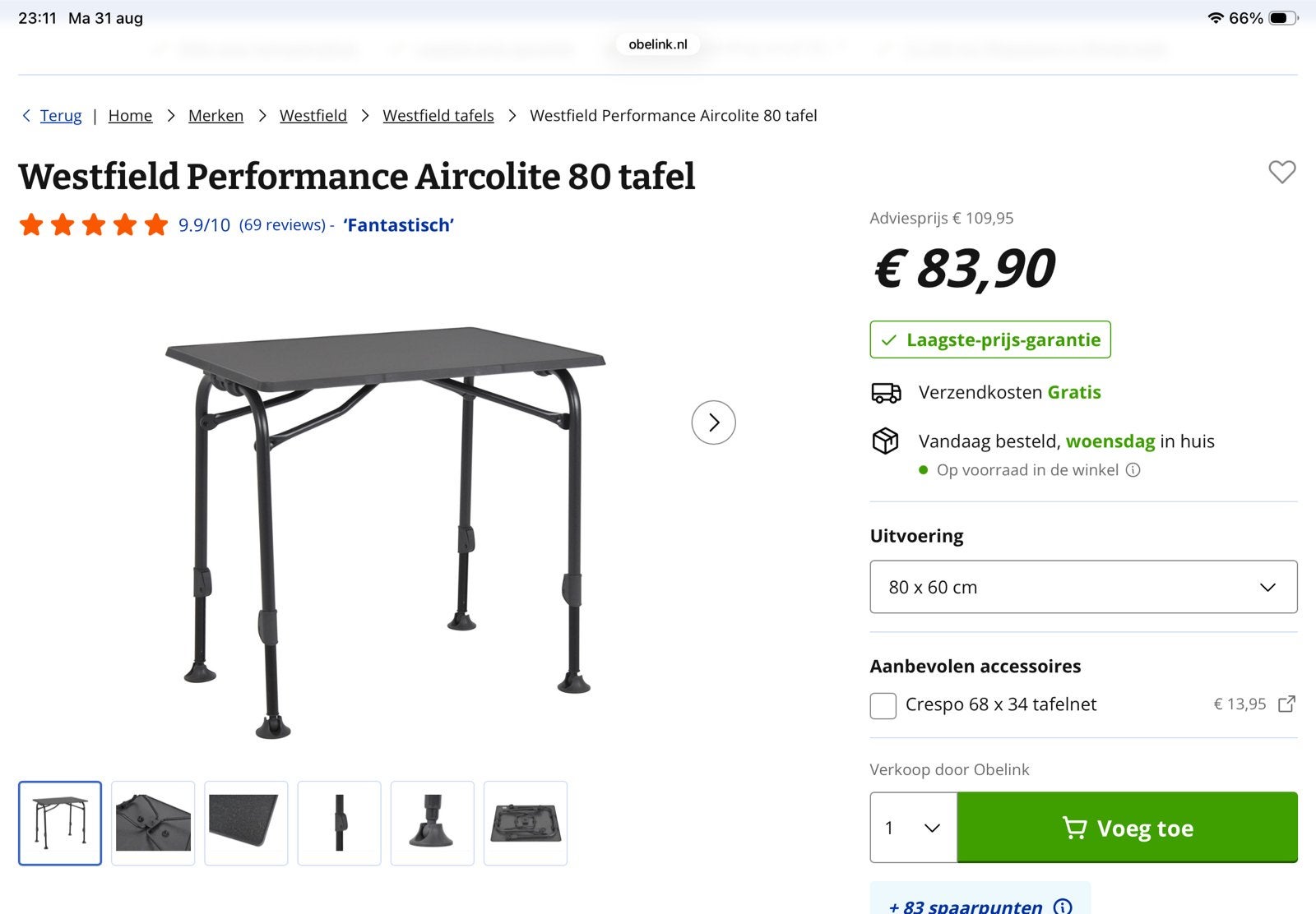 Westfield Performance Aircolite 80 Campingtafel, Ophalen of Verzenden, Zo goed als nieuw, Campingtafel