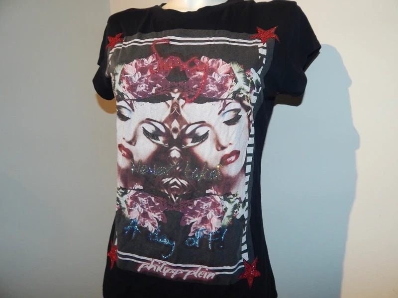 Philipp Plein shirt print voorkant met steentjes gaas rug S, Verzenden, Zwart, Korte mouw, Maat 36 (S)