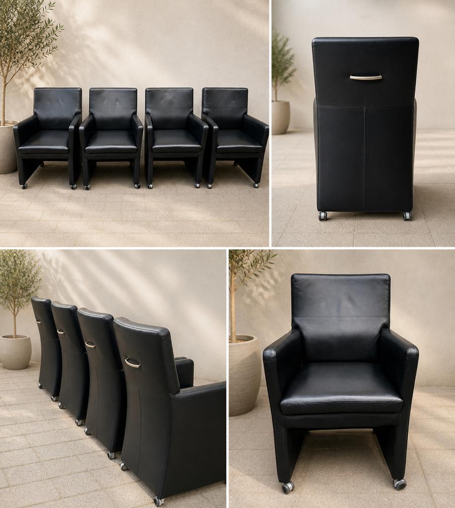 Luxe Mobitec leren eetkamerstoelen (set van 4), Ophalen, Zwart, Leer, Zo goed als nieuw