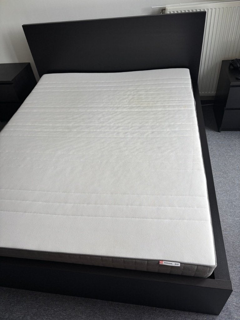 IKEA MALM bed 160x200 + LÖNSET lattenbodem + MORGEDAL matras, Huis en Inrichting, Ophalen, Gebruikt, Zwart, Tweepersoons