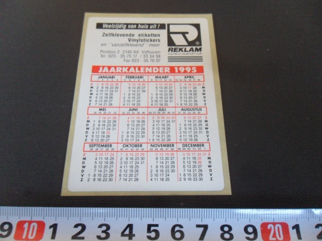 sticker Kalender 1995 Vijfhuizen REKLAM speciaaldruk, Ophalen of Verzenden, Zo goed als nieuw