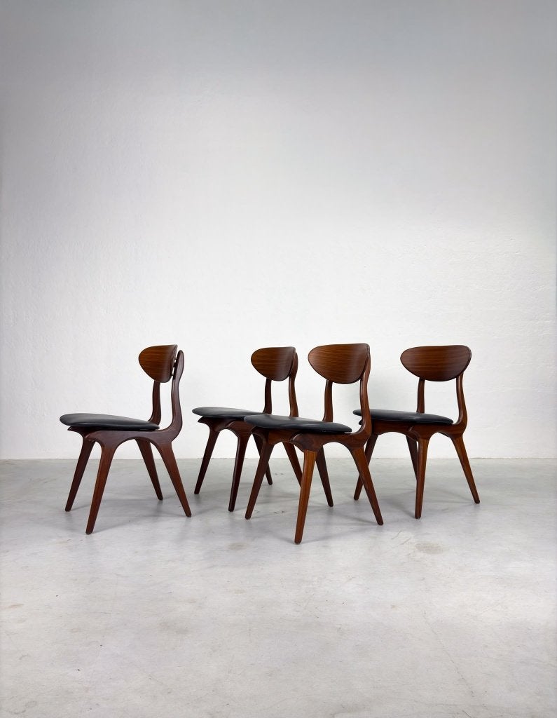 Set 'Snavel' Eetkamerstoelen van Louis van Teeffelen, Ophalen, Dutch design, Scandinavisch, Mid-century, Deens, Zwart, Hout