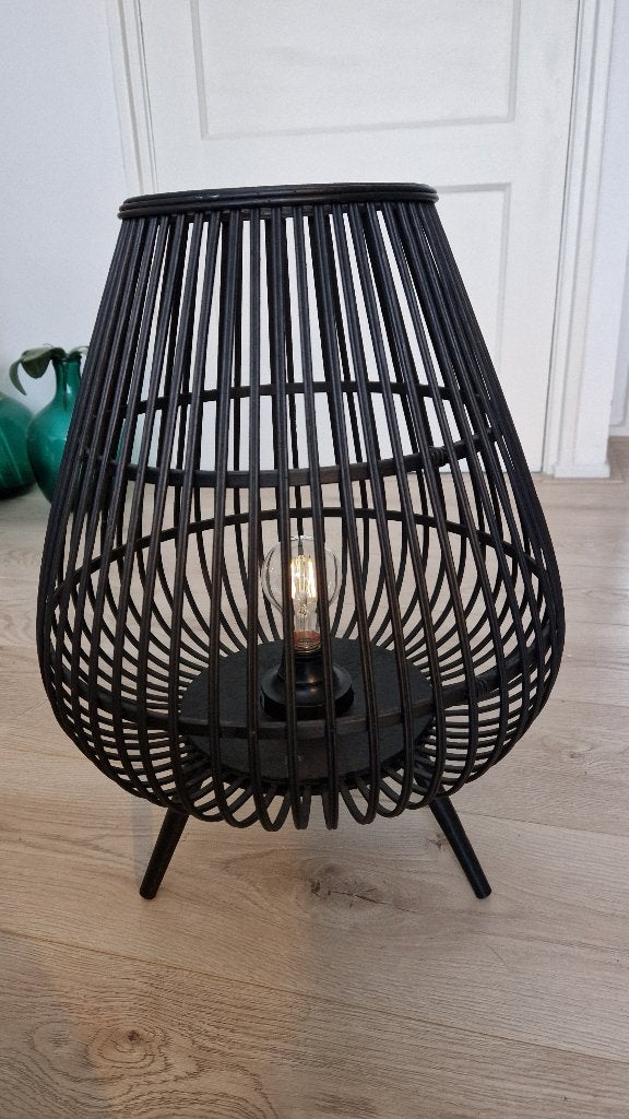 BOZA - bamboe windlicht op batterijen, zwart, Ophalen, Bohemiam, industrieel, landelijk, modern, Natuurlijk materiaal, E27 (groot)
