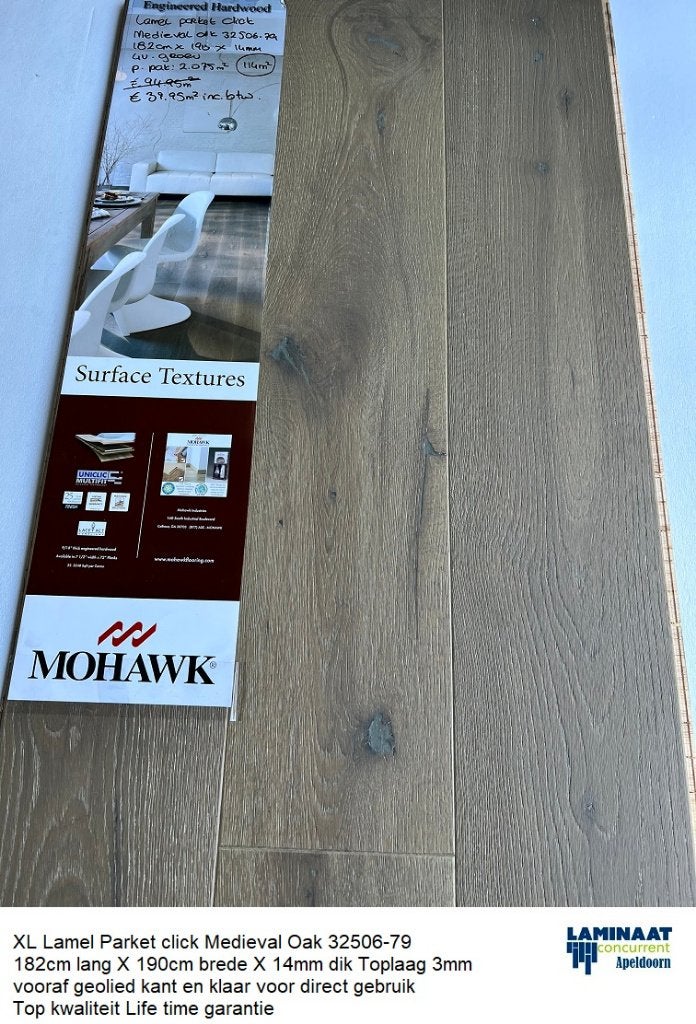 113m2 Lamel Parket Medieval Oak Bruin 14mm dik 55pak= €3500, Parket, Bruin, 75 m² of meer, Lamel Parket bruin met click - vooraf geolied