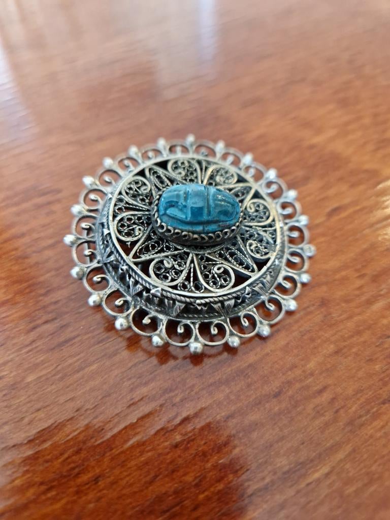 Vintage Scarabee Broche van Egyptisch Zilver, 4 tot 7 cm, Gebruikt, Ophalen of Verzenden, Zilver