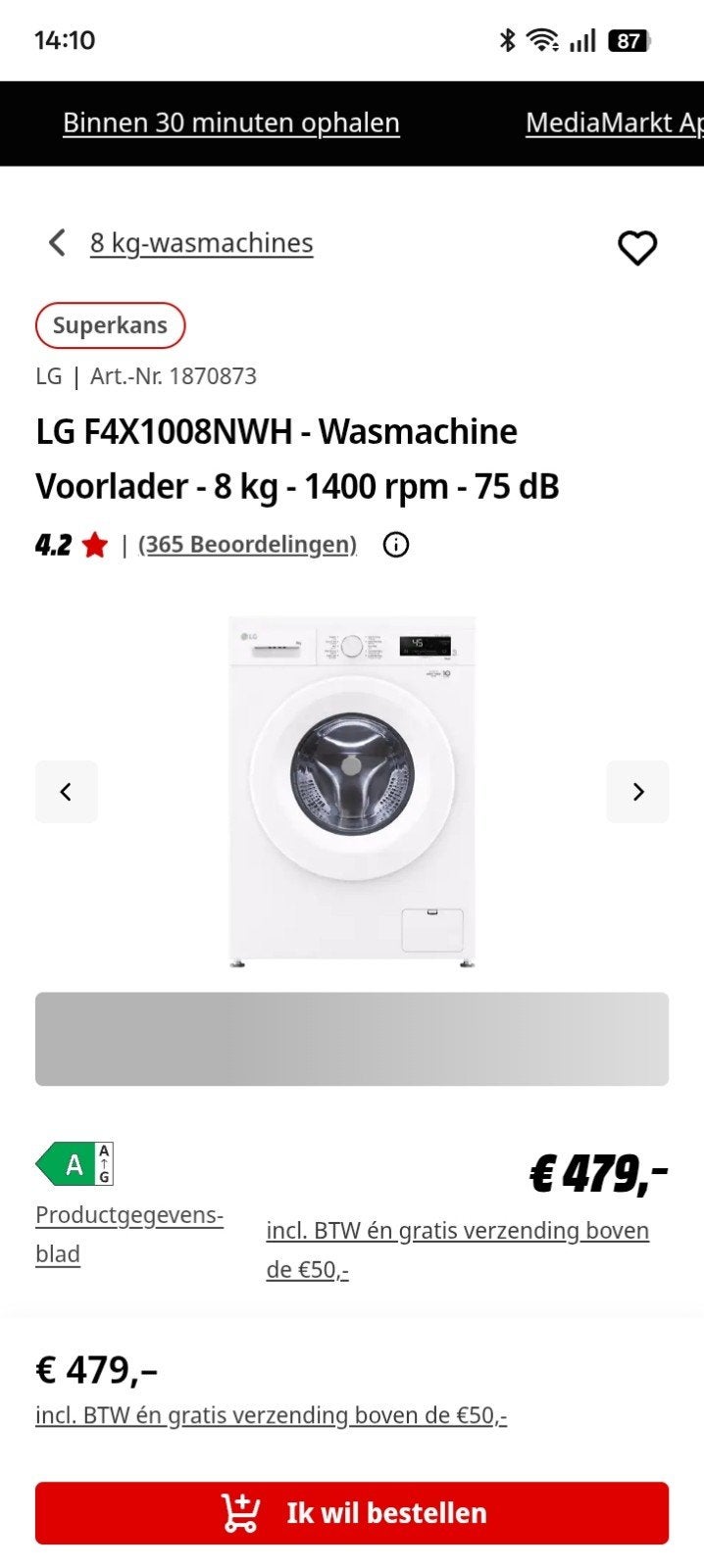 lg wasmachine, Ophalen, Nieuw, 1200 tot 1600 toeren, 85 tot 90 cm