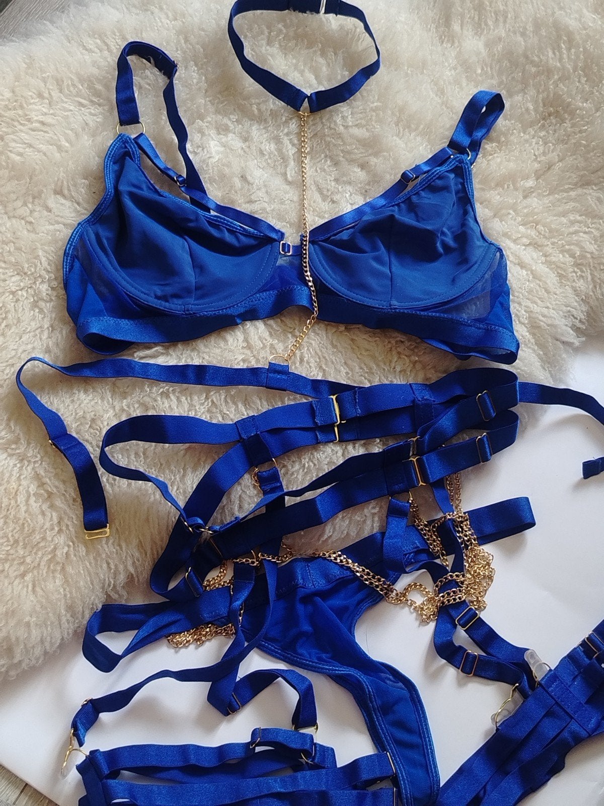 Luxe 4-delig harnas lingerie set in maat L, Ophalen of Verzenden, Blauw, Setje