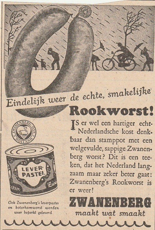 Retro reclamre 1946 Zwanenburg na-oorlogstijd worst terug, Verzenden, Overige typen