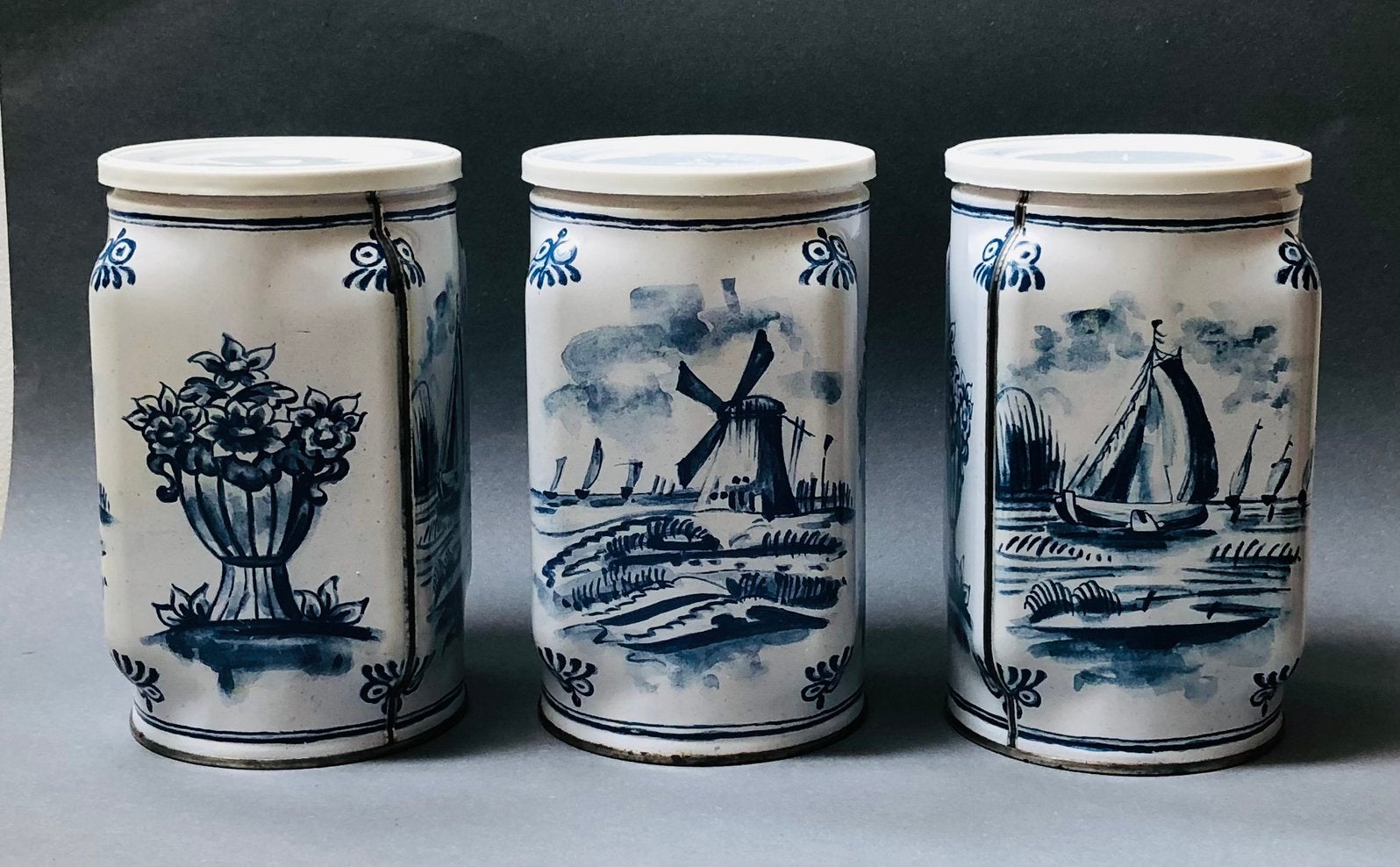 Drie leuke metalen voorraadpotten met Delftsblauw motief, Ophalen of Verzenden