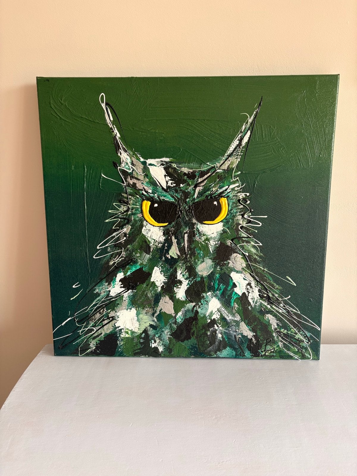 Modern schilderij uil van kunstenaar Marieke Brouwers, Acrylverf, Met textuur, Ophalen of Verzenden, Dieren