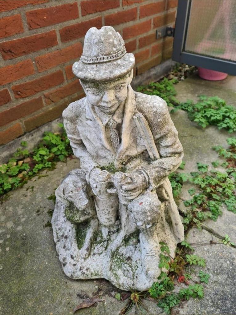 Vintage Tuinbeeld Jager met Hond en Verrekijker., Ophalen, Gebruikt, Steen, Mensenbeeld