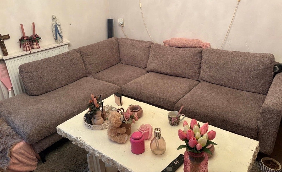 Taupe bruin kleurige teddy hoekbank lounge, Huis en Inrichting, Banken | Bankstellen, Ophalen, Gebruikt, Hoekbank, 300 cm of meer