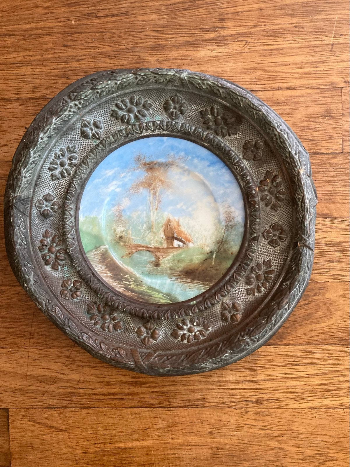 Antiek decoratief bord met landschapsschilderij, Ophalen of Verzenden