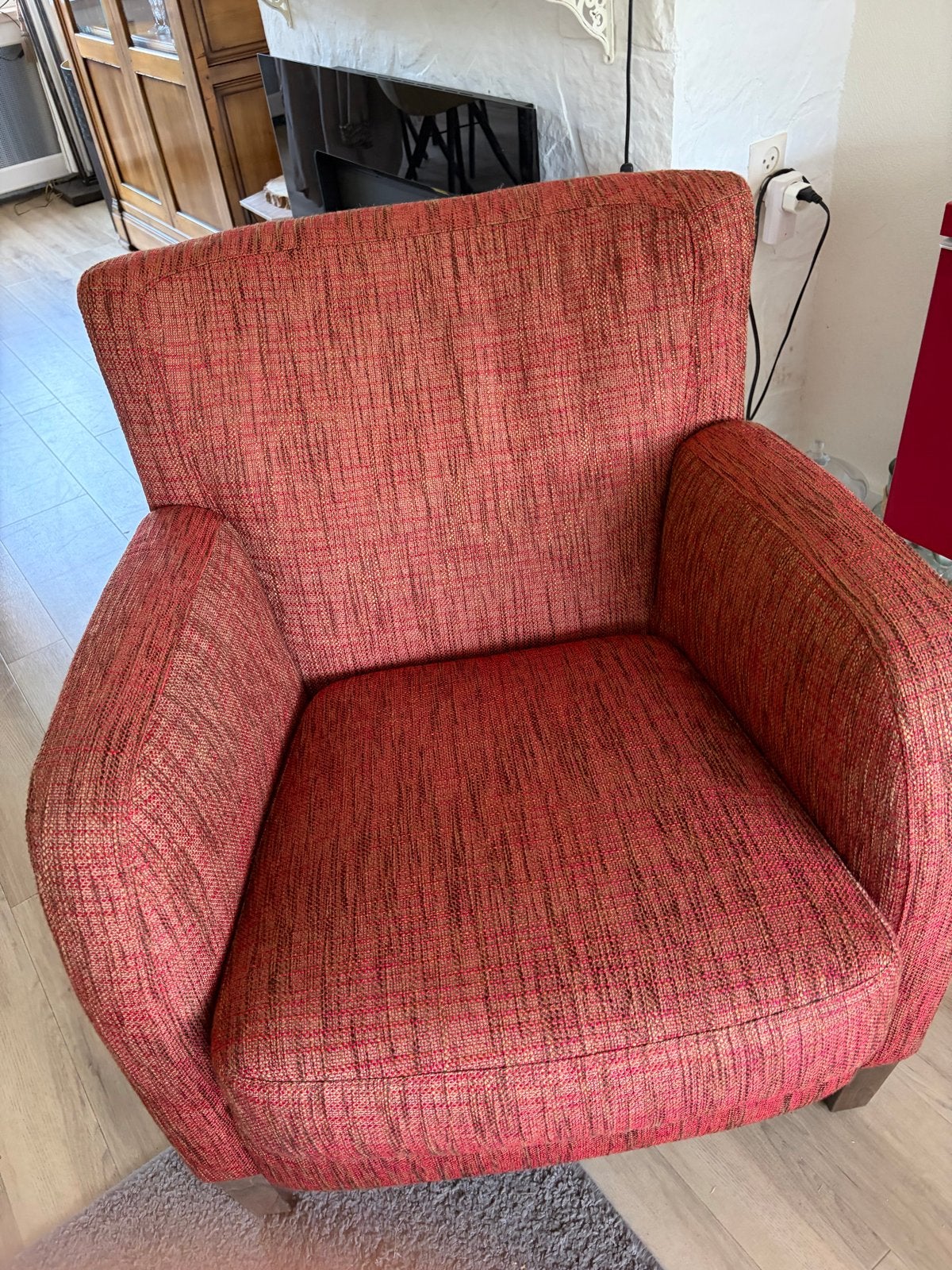 2x Comfortabele fauteuil met 1 poefje - Rood/Bruin stof, Ophalen, Gebruikt, Stof, 75 tot 100 cm