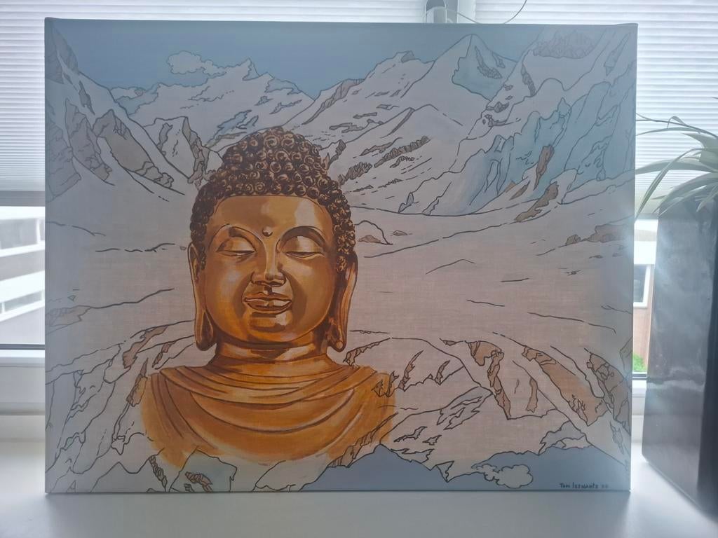 Schilderij Ton Leenarts Buddha in Tibet, Hommage to Hergé, Ophalen