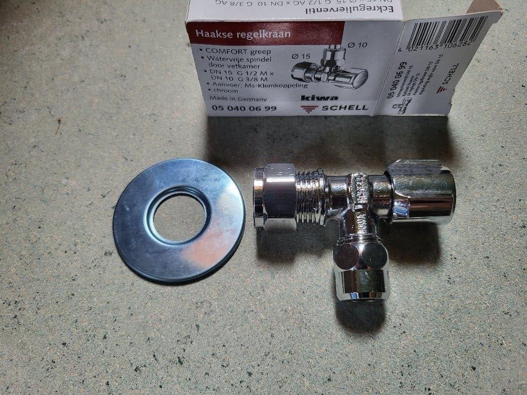 Nieuwe Schell Comfort Haakse Kraan G 1/2 x G 3/8 – KIWA, Ophalen of Verzenden, Nieuw, Chroom, Kraan