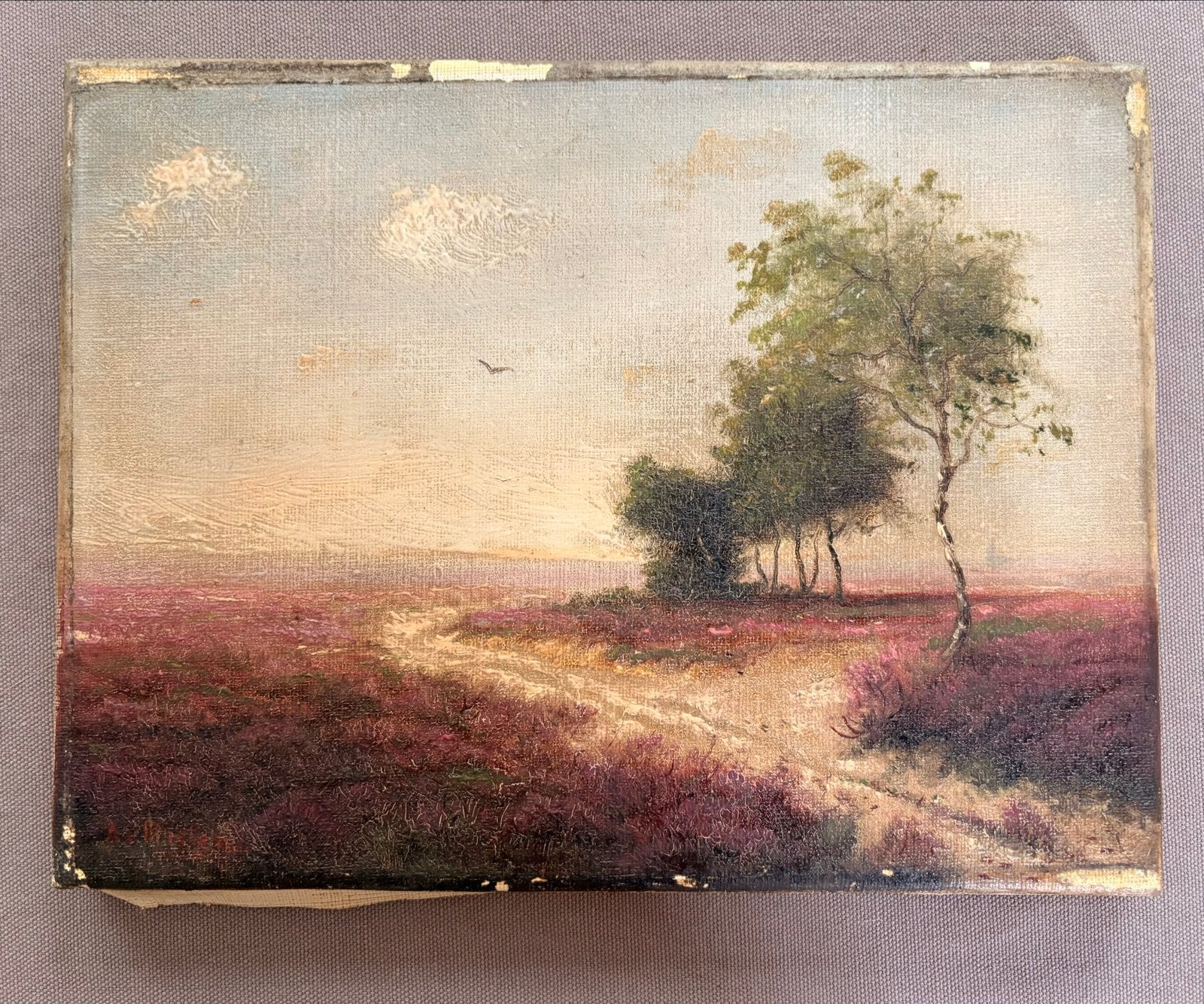 Heide landschap olieverf schilderij met lijst 30x35cm, Antiek en Kunst, Doek, Impressionistisch, Ophalen of Verzenden, Landschap