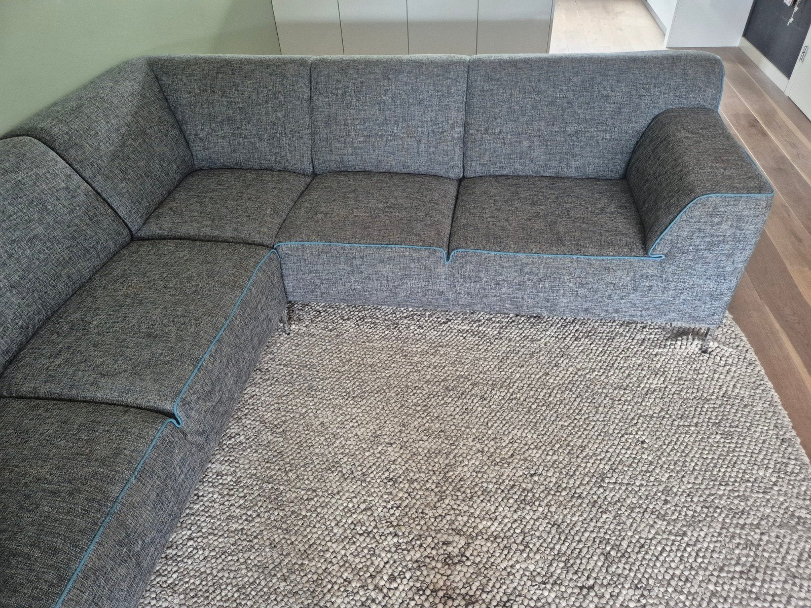Hoekbank, Montel, blauw 275 x 250 x 93 diep, Ophalen, Gebruikt, Hoekbank, 75 tot 100 cm