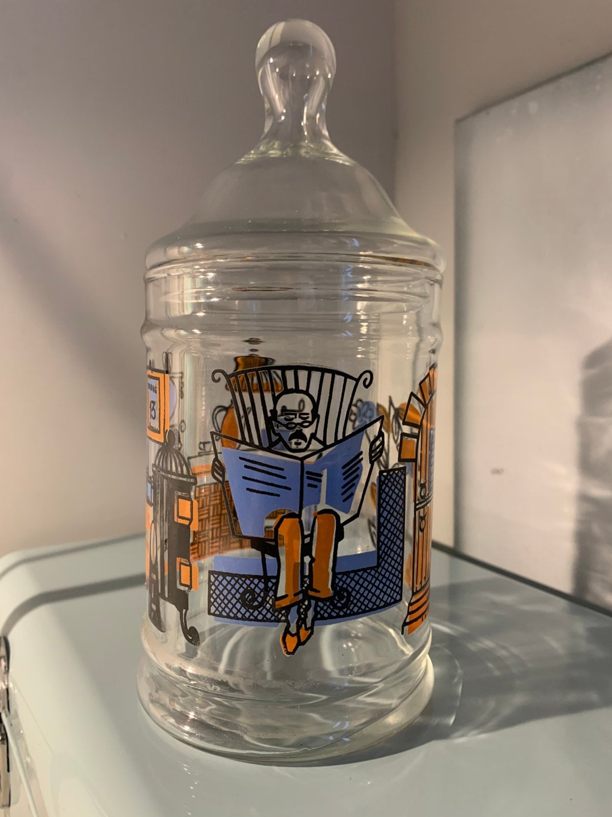 Glazen snoeppot vintage retro / voorraadpot krant, Verzenden