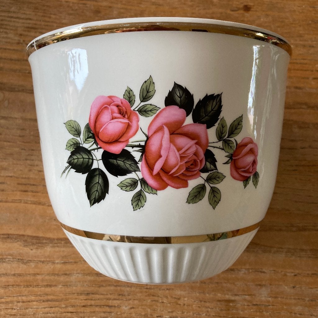 Vintage bloempot cachepot P. Regout M18 rozen (met barst), Ophalen of Verzenden
