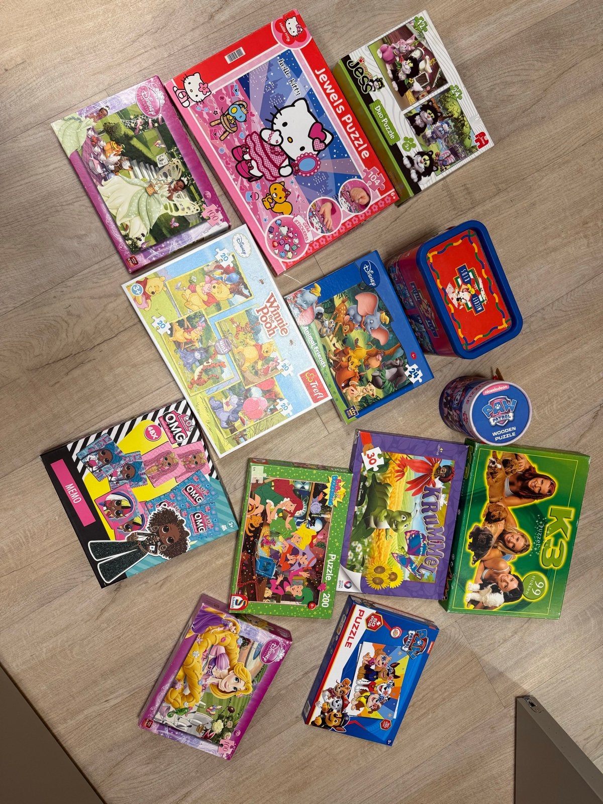 Grote verzameling kinderpuzzels (Disney, Hello Kitty, Paw Pa, Ophalen of Verzenden, Meer dan 50 stukjes, Gebruikt, 4 tot 6 jaar