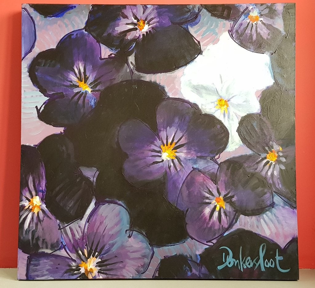 Peter Donkersloot groot schilderij Purple Flowers 120x120cm, Ophalen, Acrylverf, Op houten frame, Bloemen