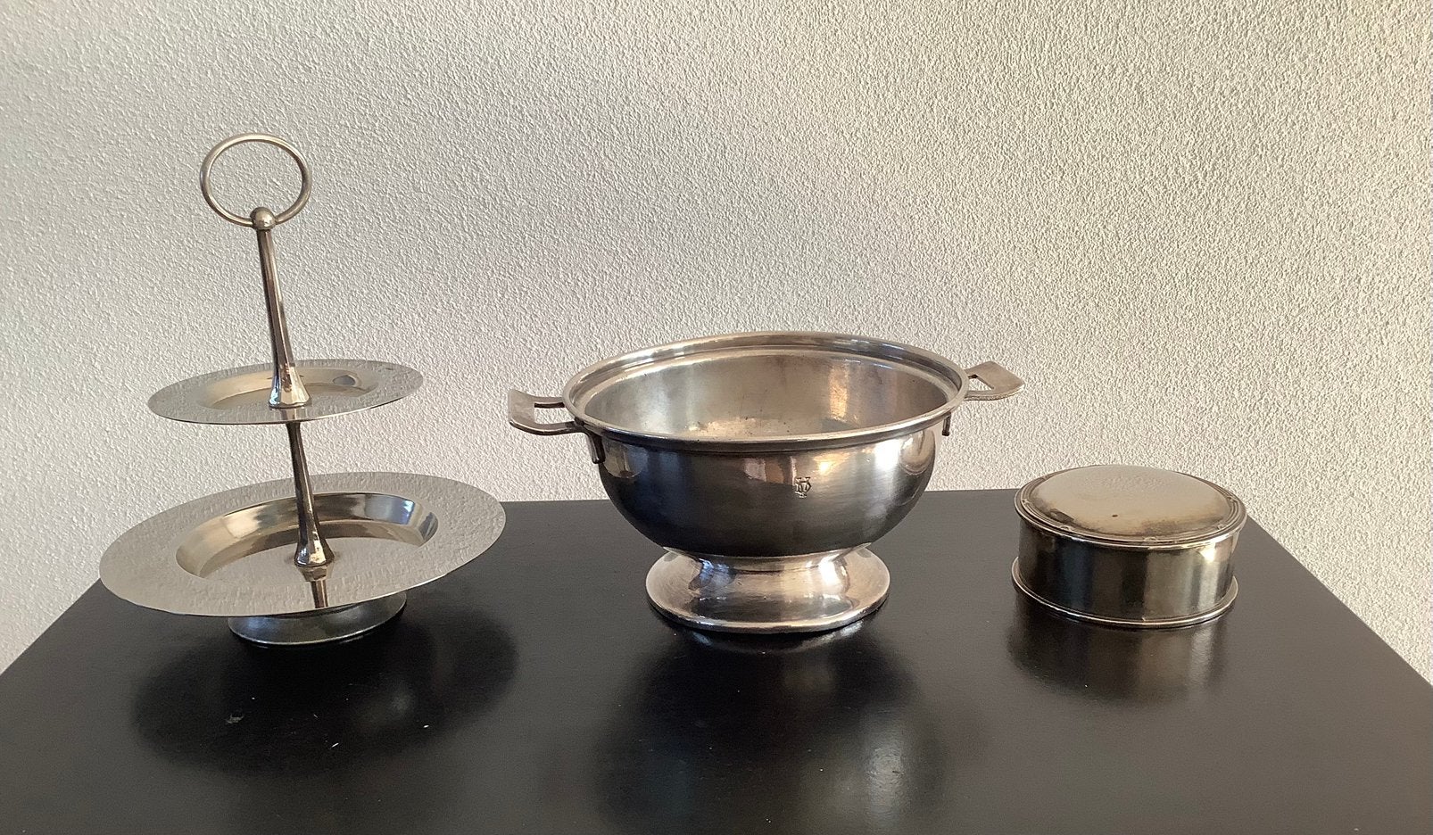 Oude verzilverde etagère, schaal en sieradendoosje, Antiek en Kunst, Ophalen of Verzenden