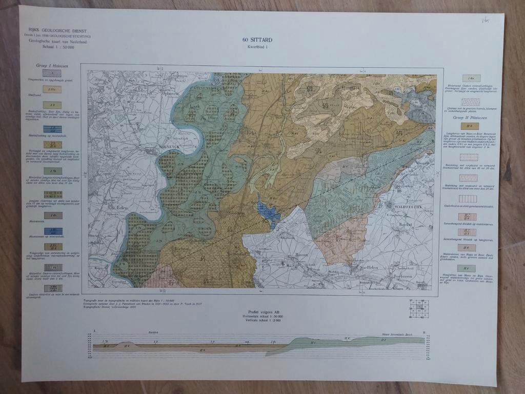 165 / Geologische kaart uit 1938 Sittard e.o. kwartblad I, Ophalen of Verzenden, 1800 tot 2000, Landkaart, Zo goed als nieuw