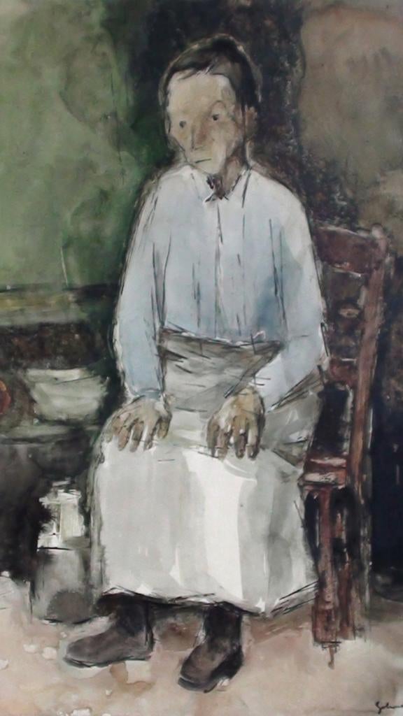 Aquarel 'Oude vrouw op stoel' van Roger Gobron, Antiek en Kunst, Kunst | Schilderijen | Klassiek, Ophalen