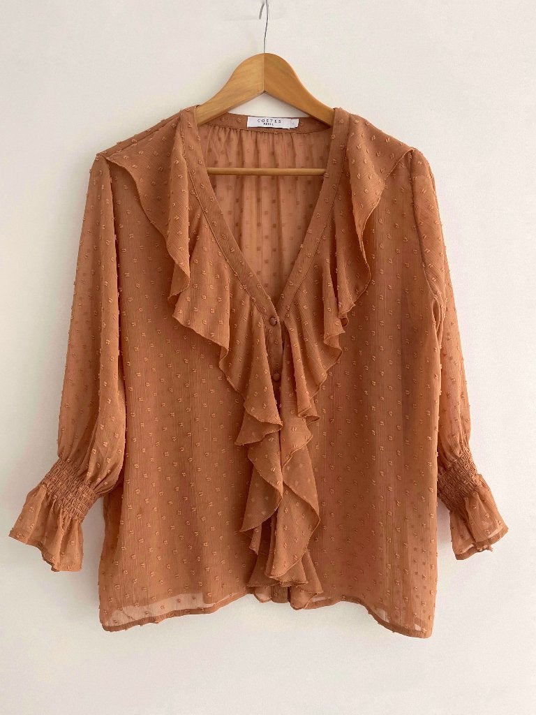 Costes camel / bruin blouse ruches en stippen - maat L 40, Maat 38/40 (M), Bruin, Ophalen of Verzenden, Zo goed als nieuw
