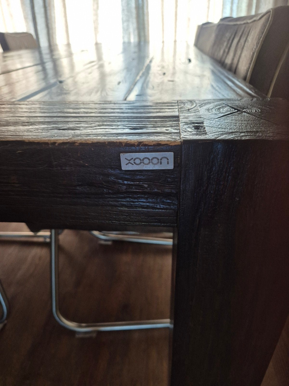 Robuuste Xooon eettafel van massief hout, Huis en Inrichting, Tafels | Eettafels, Gebruikt, Industrieel, robuust, 200 cm of meer