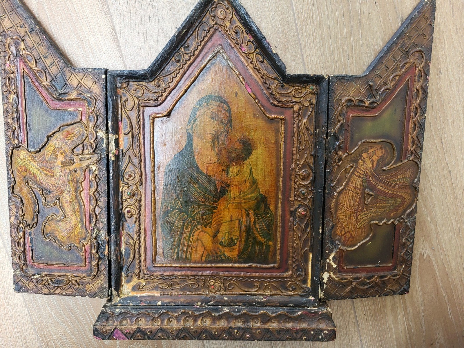 Groot Antiek Florentijns Drieluik (XXL Reisaltaar) – 57 x 48, Antiek en Kunst, Ophalen of Verzenden