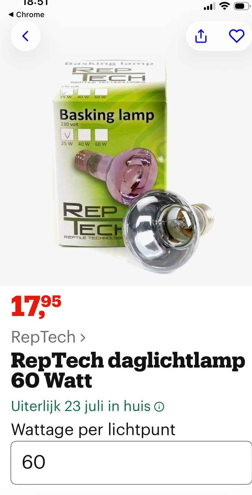 Basking lamp 60W (van Reptech), Dieren en Toebehoren, Verzenden, Nieuw, Terrarium of Paludarium