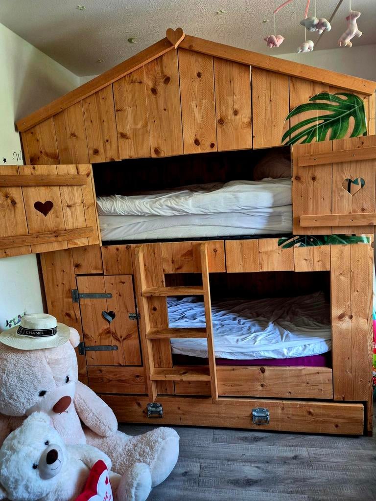 Steigerhout massief, ontworpen stapelbed/boomhut met licht, Ophalen, Zo goed als nieuw, Stapelbed