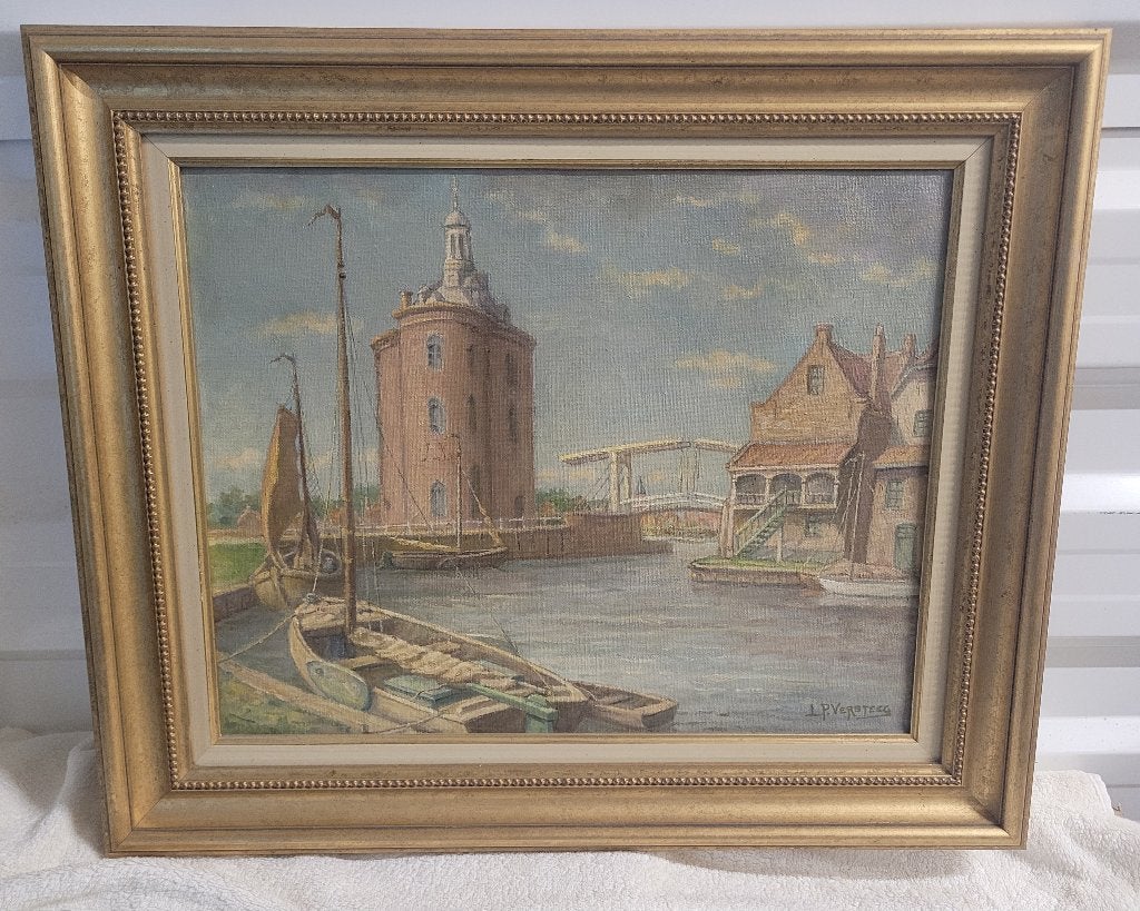 Doek 'Enkhuizen' 1953 gesign. r.o. L.P. Versteeg 1901-1993, Doek, Olieverf, Klassiek, Stads- / dorpsgezicht