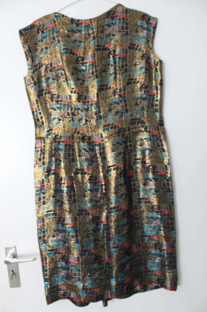 Vintage goudkleurig/motief jurk met kort jasje maat M, Kleding | Dames, Gelegenheidskleding, Maat 38/40 (M), Overige typen, Overige kleuren