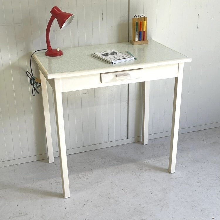 Brocante vintage tafel-bureau buro werkplek met laatje wit, Ophalen, Overige typen, Gebruikt, 51 cm