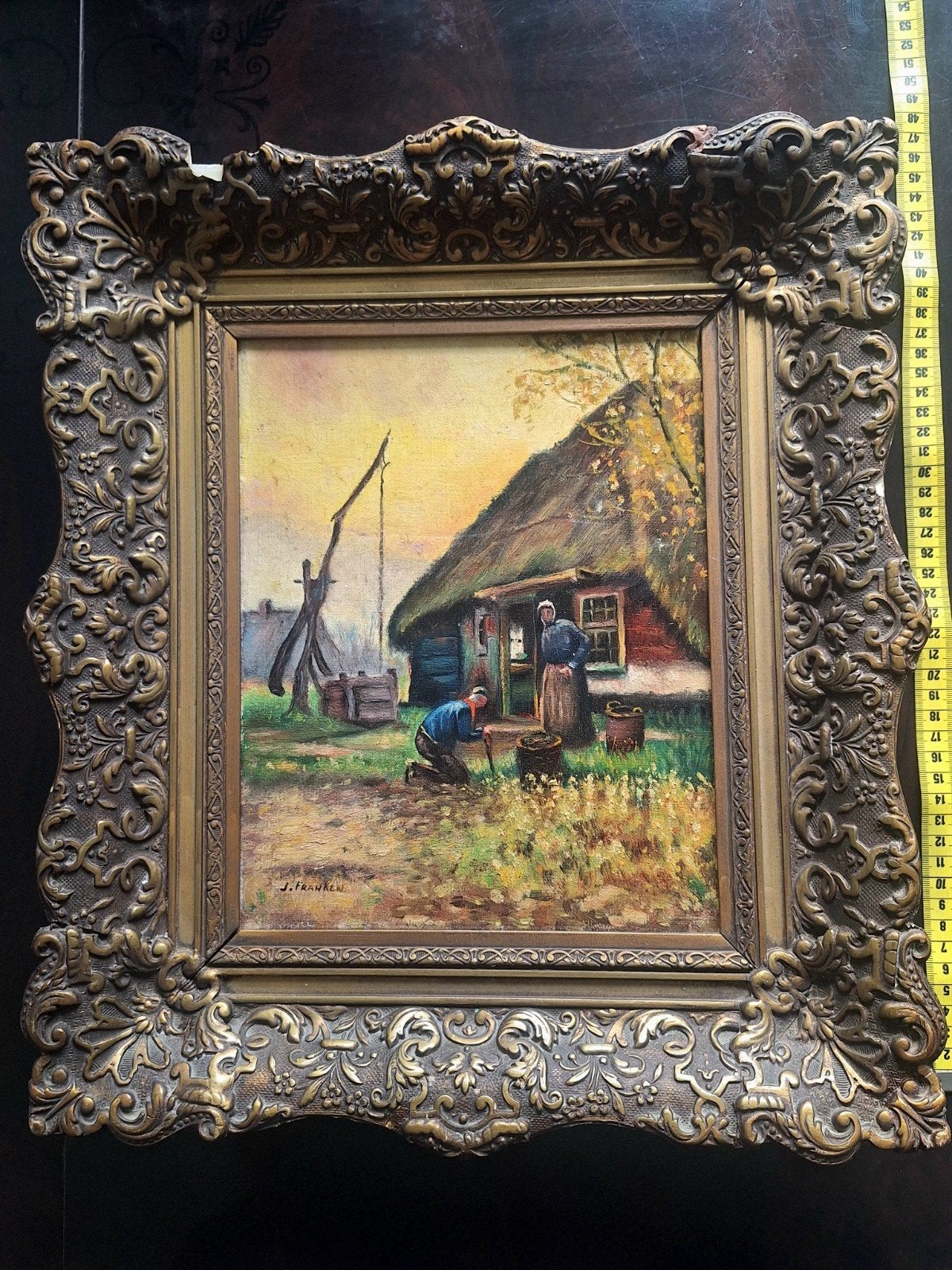 Olieverfschilderij: Boerderijtafereel met figuren, Antiek en Kunst, Ophalen of Verzenden