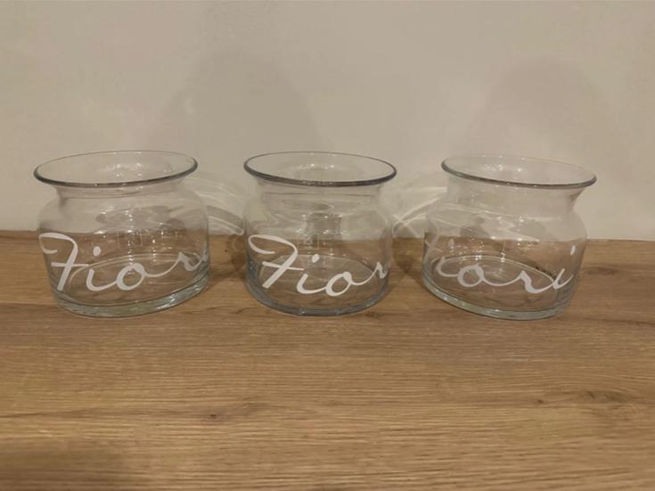 Riviera maison Set van 3 glazen vazen met 'Fiori' opdruk, Ophalen, Wit, Minder dan 50 cm, Glas